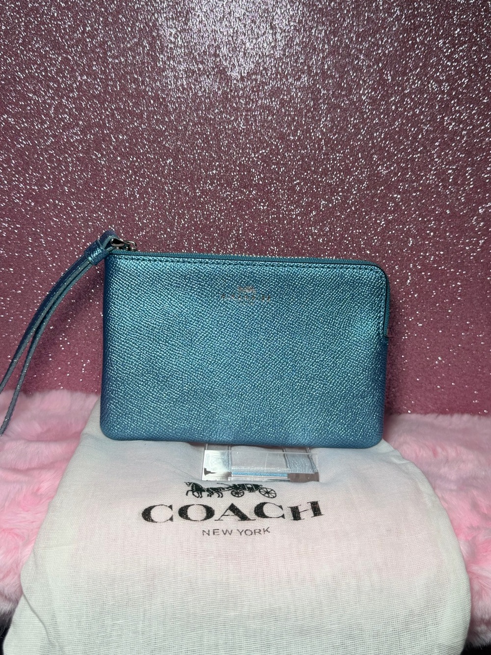 Coach Wristlet Corner Zip Wrist Strap Wallet Blue Metallic Leather